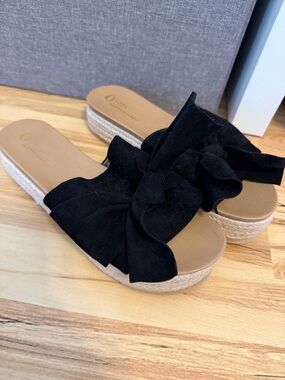 Womens Black Bow Espadrille Slide Sandals